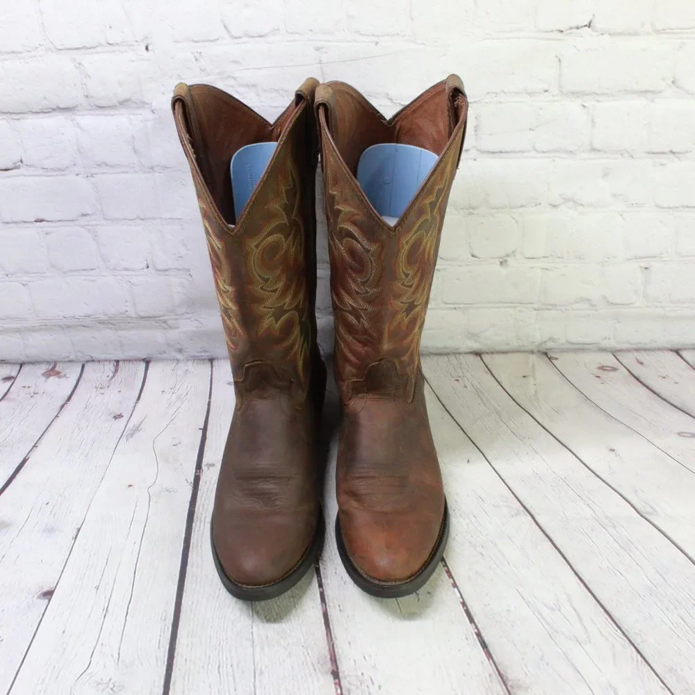 Justin Brown Leather Pointed Toe Slip on Western Cowboy Boots Size 9 D - Picture 5 of 9